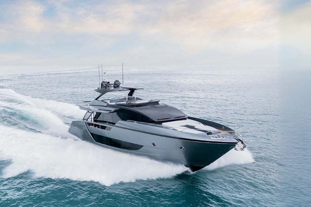 Uniq 82 yacht rental in Dubai Marina with luxury skyline backdrop