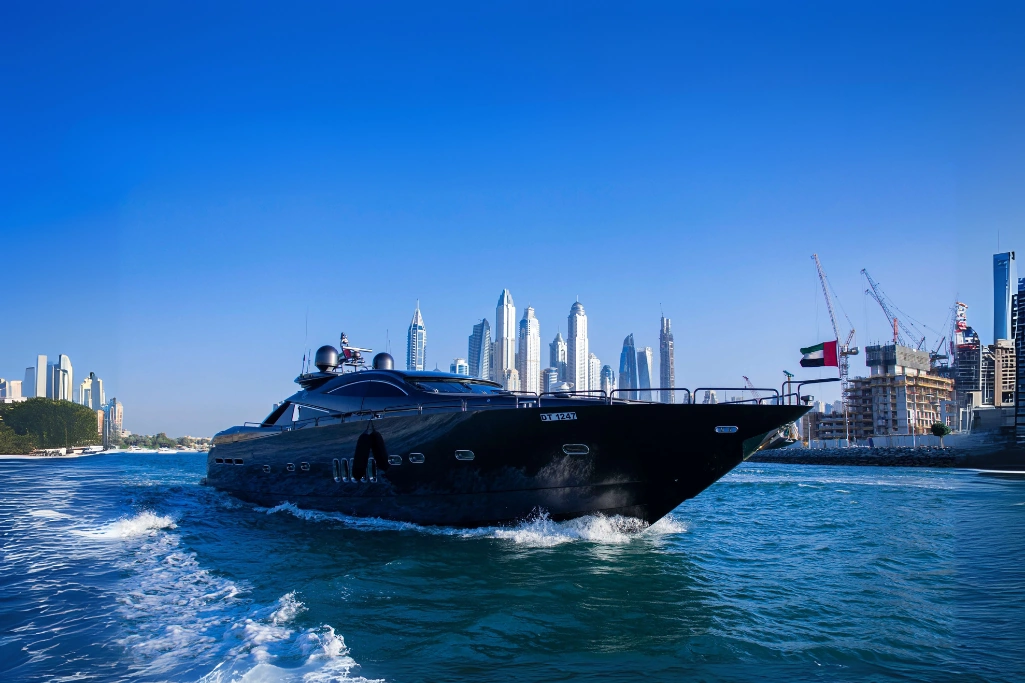 UD 30 yacht rental in Dubai Marina with luxury skyline backdrop
