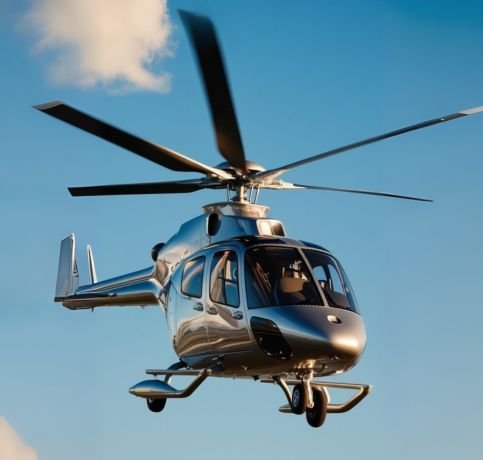 Luxury helicopter flying over Dubai skyline