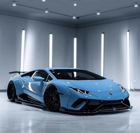 Blue Lamborghini sports car in a modern showroom